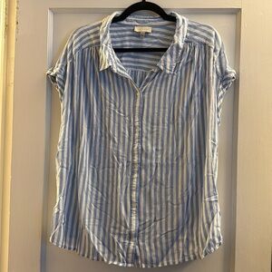 Lucky Brand top, 2X, blue/white stripes, button up, rolled short sleeve